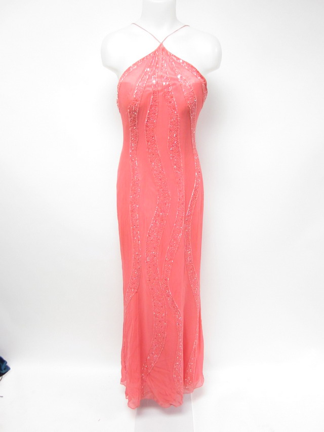 LE GALA Pink Spaghetti Strap Beaded Embellished Formal Gown Dress Sz 10